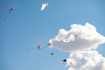 Group of colorful and ghost-shaped kites flying under blue sky with clouds