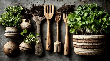 the image features an arrangement of gardening items laid out on a textured surface