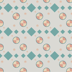 Seamless Geometric Pattern Featuring Teal Diamonds and Peach-Cream Circles