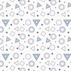 Seamless Geometric Pattern Featuring Pink Circles, Gray Triangles, Blue Dots