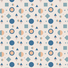 Seamless Geometric Pattern with Blue Diamonds, Squares, and Peach Circles
