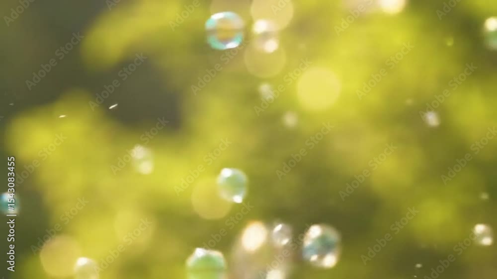 Poster magical soap bubbles floating gently in the air with a serene green bokeh background