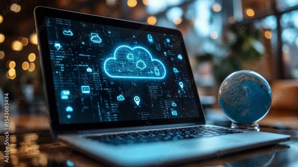 Poster Digital Realm: A modern laptop displays a glowing cloud data icon, set against a backdrop of global connectivity, symbolizing seamless digital interaction and infinite virtual possibilities.