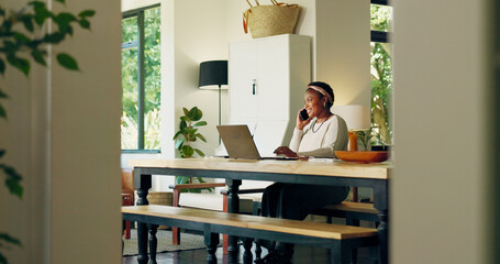 Phone call, computer and black woman in home for remote work, virtual assistance and consulting....