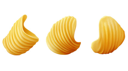 Set of three crunchy potato chips with golden crisp texture and curved shapes isolated on white background
