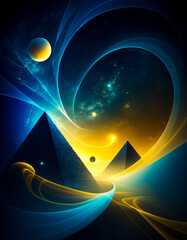 Two pyramids under cosmic, swirling sky.