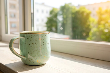 Mint green speckled mug by sunny window
