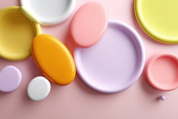 Fototapeta premium Bright pastel paint droplets create a soft backdrop with a minimalist circular frame, ideal for branding or creative designs.