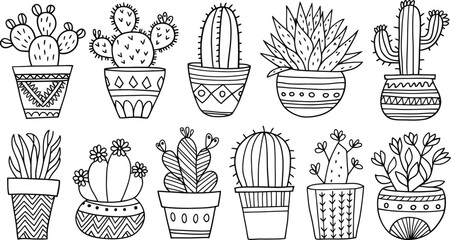 Cute Hand-Drawn Cactus and Succulent Collection in Pots