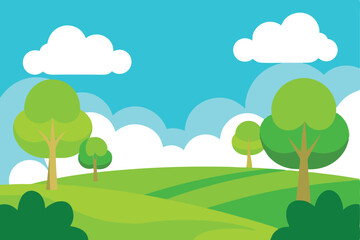 Obraz premium Cartoon Green Landscape Rolling Hills, Trees, White Clouds Under Blue Sky Art