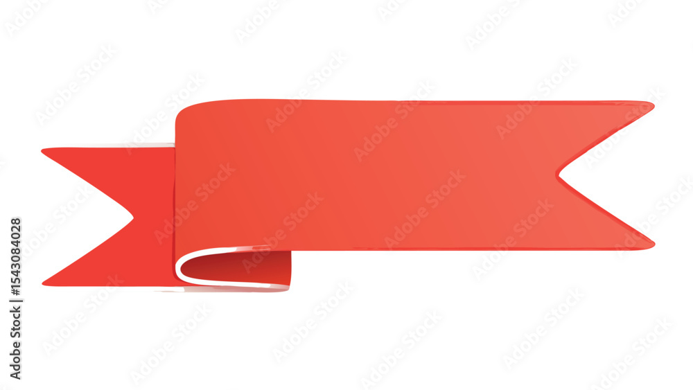 Poster a vivid red banner with pointed ends and a curled edge against a stark white background display