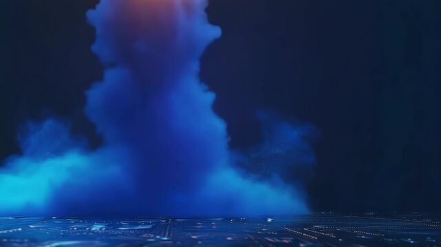 Business startup and project launch concept with digital glowing blue rocket on dark background