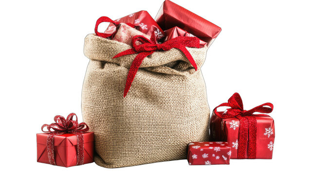 Burlap sack filled with red gifts