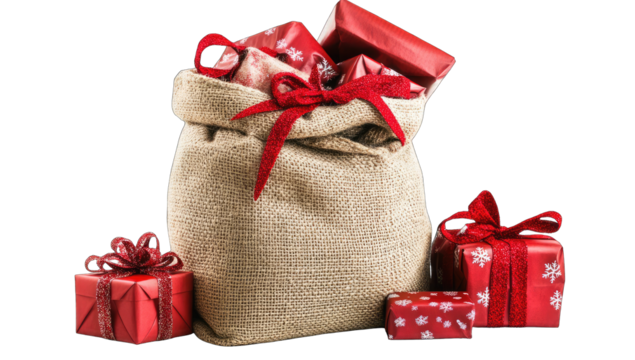 Burlap sack filled with red gifts