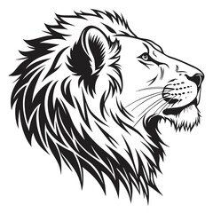 Detailed lion head silhouette shows fierce expression with powerful mane on the left side