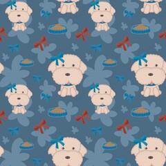 Cute toy poodle with bow seamless pattern. Repeat design illustration on flowery blue gray background. Can print it on 
gift paper, fabric, stationery, etc.