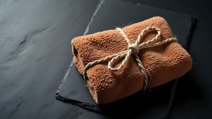 Naklejka premium A brown rolled towel is tied with a beige rope and rests on a dark stone surface