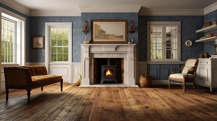 Fototapeta premium Colonial American farmhouse with wood floors, open hearth, and antique furniture, 3D render