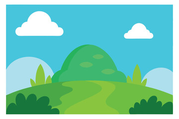 Fototapeta premium Cartoon Landscape Illustration Rolling Green Hills, Winding Path, Fluffy Clouds Against a Blue Sky