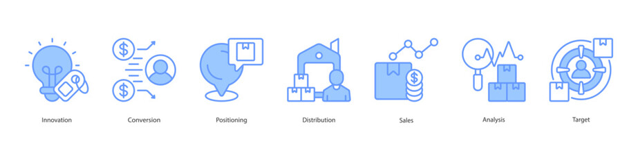 Market Innovation banner web icon set vector illustration concept with icon of innovation, conversion, positioning, distribution, sales, analysis, target