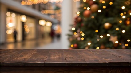 Dark wooden tabletop with blurred festive background of christmas tree and shopping mall