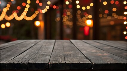 Rustic wooden tabletop with blurred festive lights background