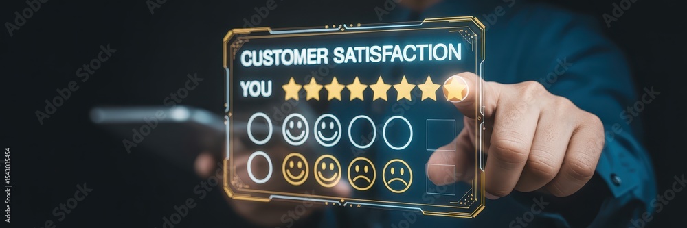 Poster a person interacts with a customer satisfaction survey displayed on a digital interface.
