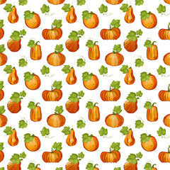 Seamless pattern pumpkins for autumn harvest, Halloween, and Thanksgiving design. For greeting cards, posters, flyers, banners for fall festivals and farmers’ markets, packaging, textile design