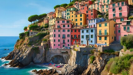 Colorful Cinque Terre cliffside house, pastel tones, ocean view, 3D image