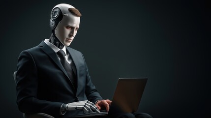 Cybernetic Executive at Work: A futuristic portrayal of a polished, android professional, intently engaged in laptop operation, suggesting a blend of high technology and corporate  Ai image. 