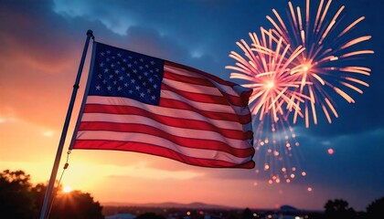 American flag waving against a night sky filled with colorful fireworks. Celebratory atmosphere for Independence Day.
