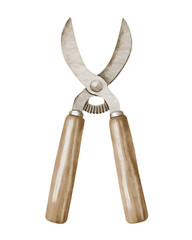 Watercolor illustration of garden pruning shears on transparent background.