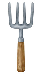 Watercolor illustration of a garden fork on transparent background.