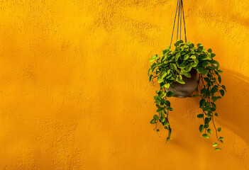 Close-up of plant against wall, Green Fern Planter Against Yellow Background, Leaves on Vibrant Color Background.