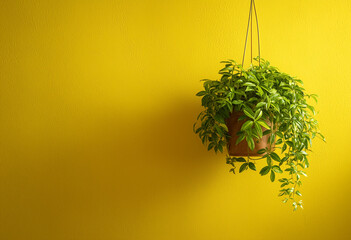 Close-up of plant against wall, Green Fern Planter Against Yellow Background, Leaves on Vibrant Color Background.