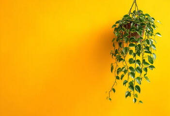 Close-up of plant against wall, Green Fern Planter Against Yellow Background, Leaves on Vibrant Color Background.