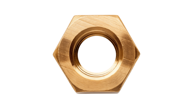 Brass Hex Nut , Hexagonal Nut, Brass Hex Nut Isolated on White Background, Industrial Metal Fastener – Hex Nut Close-Up, Golden Brass Nut for Mechanical Use, Hexagonal Brass Nut – Precision Engineered