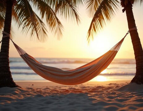 a cozy hammoc between two palm trees on sunset beach.
