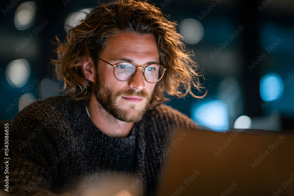 Poster software engineer using laptop computer with global network connection, technology, innovation