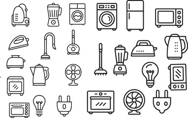 Twenty Four Minimalist Black Line Icons Depicting Household Appliances and Electrical Items vector
