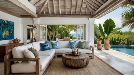 Coastal tropical villa interior with whitewashed walls, driftwood furniture, and a large indoor-outdoor sofa area