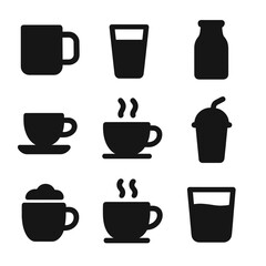 Breakfast Beverage Icons. Solid vector icons of beverage options at breakfast: coffee mug icon, orange juice glass, milk bottle,