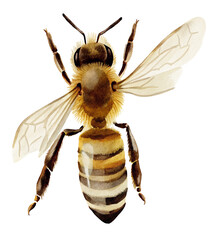 Watercolor illustration of a honeybee on transparent background.