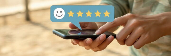 Person using a smartphone to give a positive online review.