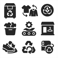 Clothing Recycling Icons. Solid style icons of clothing and textile recycling: donation bin, clothing swap icon, fiber reuse badge