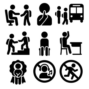 Student Bus Etiquette Icons. Solid vector icons of student behavior and etiquette: child giving seat, quiet bus ride icon, line up