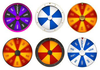 Naklejka na ściany i meble PNG collection of colorful casino spinning wheels with segments, jackpot areas, and motion effect isolated on transparent background. Perfect for games, icons, gambling, prizes, and app design