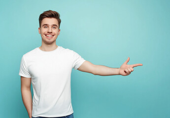 Excited Man in White T-Shirt and Jeans Pointing Left – Advertising Banner Mockup, Blue Background, High-Resolution Stock Photo for Marketing & Promotional Designs