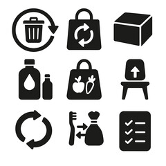 Solid Waste Reduction Icons. Solid style icons of waste reduction strategies: zero waste icon, reuse strategy, minimal packaging,
