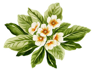 Watercolor painting of white and yellow flowers with green leaves on transparent background.